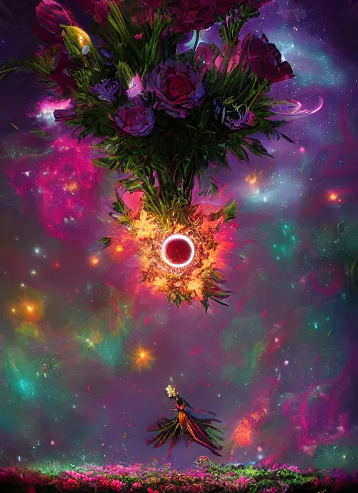 Image similar to An epic fantastic realism comic book style painting of the most beautiful spinning flowers floating into the dark and starry cosmos, exquisite bouquets, fisheye, a star implodes, unreal 5, DAZ, hyperrealistic, octane render, dynamic lighting