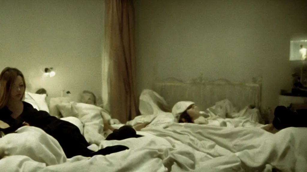 Prompt: movie still of having sleep paralysis, cinematic composition, cinematic light, criterion collection, by lars von trier