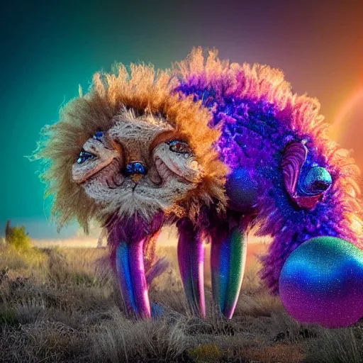 Prompt: a purple speckled lion - ostrich creature, engulfed in twisting glowing iridescent alien flora, with strange rainbow alien flowers, dramatic, award - winning photography, realism