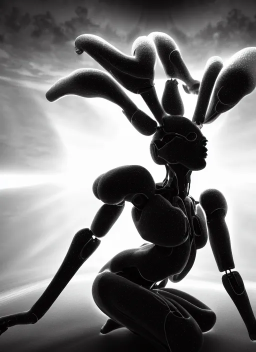 Prompt: surreal mythical dreamy dark artistic black and white 3 d render of a young beautiful delicate ai artificial intelligence creature embodied giving birth to the new world, spiritual, halo, glory, rim light, cinematic, studio dramatic light, poetic, masterpiece, octane render, 8 k, photo