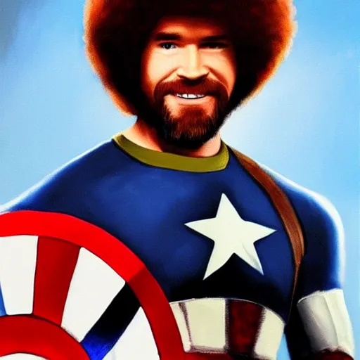 Image similar to Bob Ross as Captain America, painting, portrait