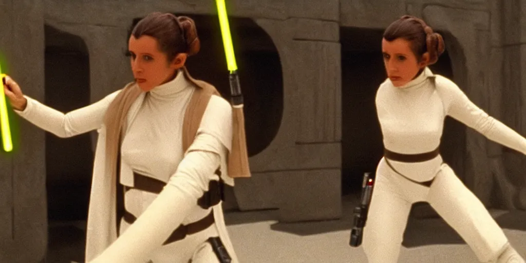 Image similar to screenshot of Princess Leia training to use a yellow lightsaber at a new Jedi Temple scene from The Force Awakens, 1970s film by Stanley Kubrick, serene, iconic scene, stunning cinematography, hyper detailed, sharp, anamorphic lenses, kodak color film, 4k