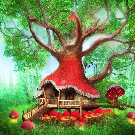 Prompt: a gnome treehouse surrounded by trees and red mushrooms with a deer digital art