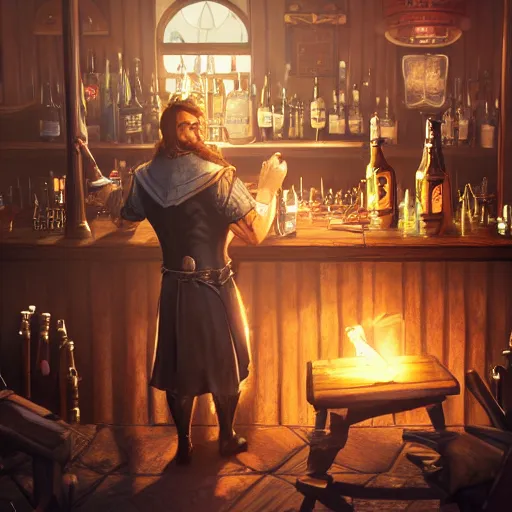 Image similar to barkeep tavern man ultra detailed fantasy, elden ring, realistic, dnd character portrait, full body, dnd, rpg, lotr game design fanart by concept art, behance hd, artstation, deviantart, global illumination radiating a glowing aura global illumination ray tracing hdr render in unreal engine 5