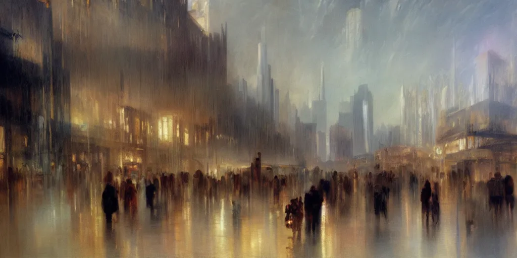 Prompt: Distant future city marketplace, oil painting by J.M.W. Turner, hyperrealistic