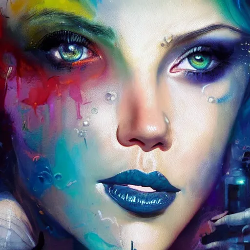 Image similar to beautiful painting of drunken scarlett johansson as delirium from sandman, one green eye and one blue eye, ( hallucinating colorful soap bubbles ), by jeremy mann, by sandra chevrier, by dave mckean and richard avedon and maciej kuciara, 1 9 8 0's, punk rock, tank girl, high detailed, 8 k