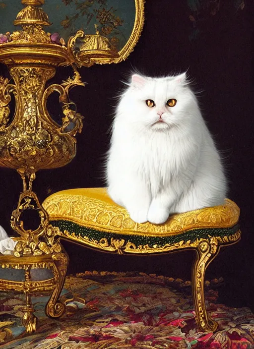 Image similar to a magnificent portrait of a fluffy fat cat on a precious embroidered velvet cushion on a neo - rococo gilded little bed with precious stones, ball of yarns all around, by david lachapelle, photorealistic, canon r 3, photography, wide shot, symmetrical features, symmetrical pose, wide angle shot, standing pose, feet on the ground