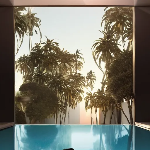 Image similar to indoor liminal space, golden light, peter tarka, palm trees, pink door, minimalistic, hyperrealistic surrealism, award winning masterpiece with incredible details, epic stunning, infinity pool mirrors, a surreal vaporwave liminal space with mirrors, highly detailed, trending on artstation, artgerm and greg rutkowski and alphonse mucha, daily deviation