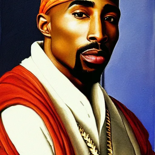 Image similar to a renaissance style portrait painting of tupac