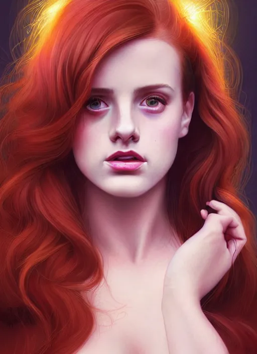 Prompt: full body portrait of teenage cheryl blossom, bangs, green eyes, mischievous expression, red hair, sultry smirk, bangs and wavy hair, 1 9 8 0 s, intricate, elegant, glowing lights, highly detailed, digital painting, artstation, concept art, smooth, sharp focus, illustration, art by wlop, mars ravelo and greg rutkowski