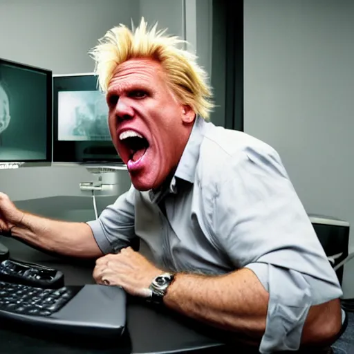 Image similar to gary busey screaming at a desktop computer in 1 9 9 9, ( sony a 7 r iv, symmetric balance, polarizing filter, photolab, lightroom, 4 k, dolby vision, photography awardm, voque, perfect face )