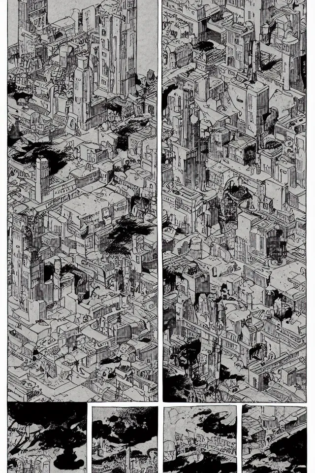 Image similar to comicpage by Moebius showing the fall of the city of Babylon