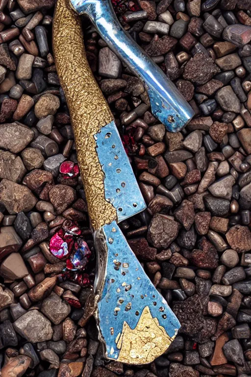 Image similar to a steel axe, of the highest quality. it is encrusted with blue garnet and encircled with bands of gold.