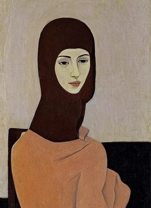 Prompt: a painted portrait of a confident women, art by felice casorati, aesthetically pleasing and harmonious natural colors, expressionism, natural light, fine day, portrait