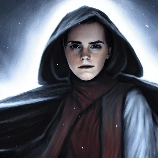 Image similar to emma watson as a sith lord with a cloak and a lightsaber, trending on art station, by the best artists