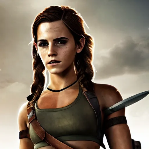 Image similar to Emma Watson modeling as Lara Croft from Zelda, (EOS 5DS R, ISO100, f/8, 1/125, 84mm, postprocessed, crisp face, facial features)