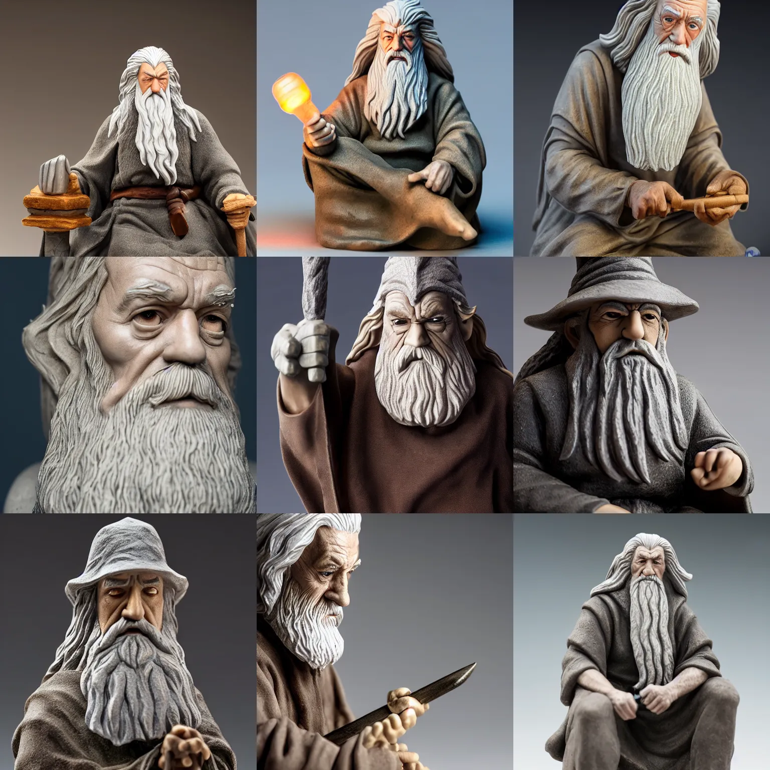 Prompt: figurine made of rough stone of gandalf with no hat, sitting at a light mixer, studio photo, uhd 4 k, backlight, rule of thirds