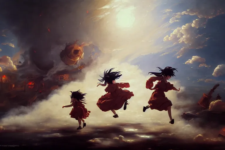 Prompt: baroque oil painting of anime key visual concept art of anime maids running away from the hindenburg disaster, smoke debris, grimdark steampunk fantasy, pleasant battlefield, trending on artstation, brush strokes, oil on canvas, style of makoto shinkai and greg rutkowski and studio ghibli