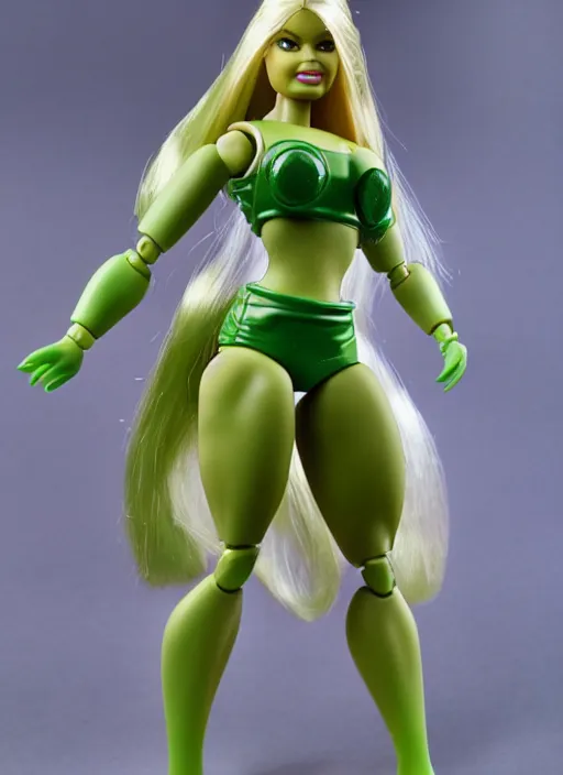 Prompt: barbie hulk, highly detailed doll, high quality plastic, toy photography