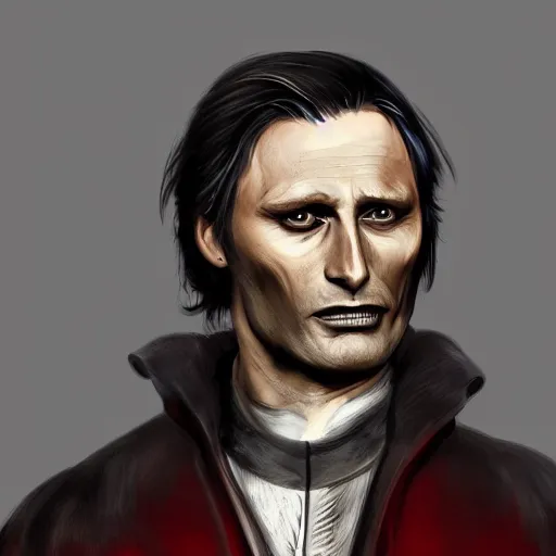 Prompt: mads mikkelsen as a vampire, male, late - 4 0 s aged, shoulder length hair, slicked black hair, red eyes, clean shaven, wearing a cape, regal, royal, grim facial expression, high medieval fantasy, full color digital art, concept art, wide shot.