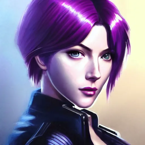 Image similar to A combination of Katheryn Winnick's and Grace Kelly's and Katherine McNamara's faces with short violet hair as Motoko Kusanagi from Ghost in The SHell, western, D&D, fantasy, intricate, elegant, highly detailed, digital painting, artstation, concept art, matte, sharp focus, illustration, art by Artgerm and Greg Rutkowski and Alphonse Mucha