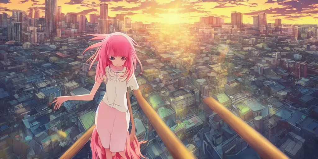 Prompt: anime art, anime key visual of a cute elegant anime girl with pink hair and big eyes, city rooftop at sunset with clouds, golden hour sunset, background blur bokeh!, beautiful lighting, high quality illustration, studio ghibli