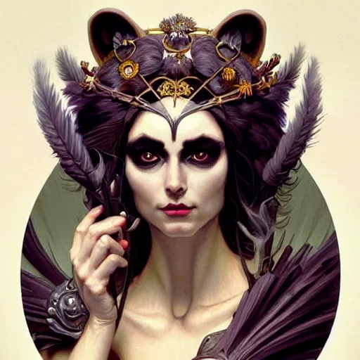 Image similar to a raccoon as the roman goddess of chaos!! intricate elegant, highly detailed, digital painting, artstation, concept art, smooth, sharp focus, illustration, art by ( ( ( artgerm ) ) ) and greg rutkowski! and ( ( alphonse mucha ) ), heavily influenced by frank frazetta and boris vallejo, sword and sorcery