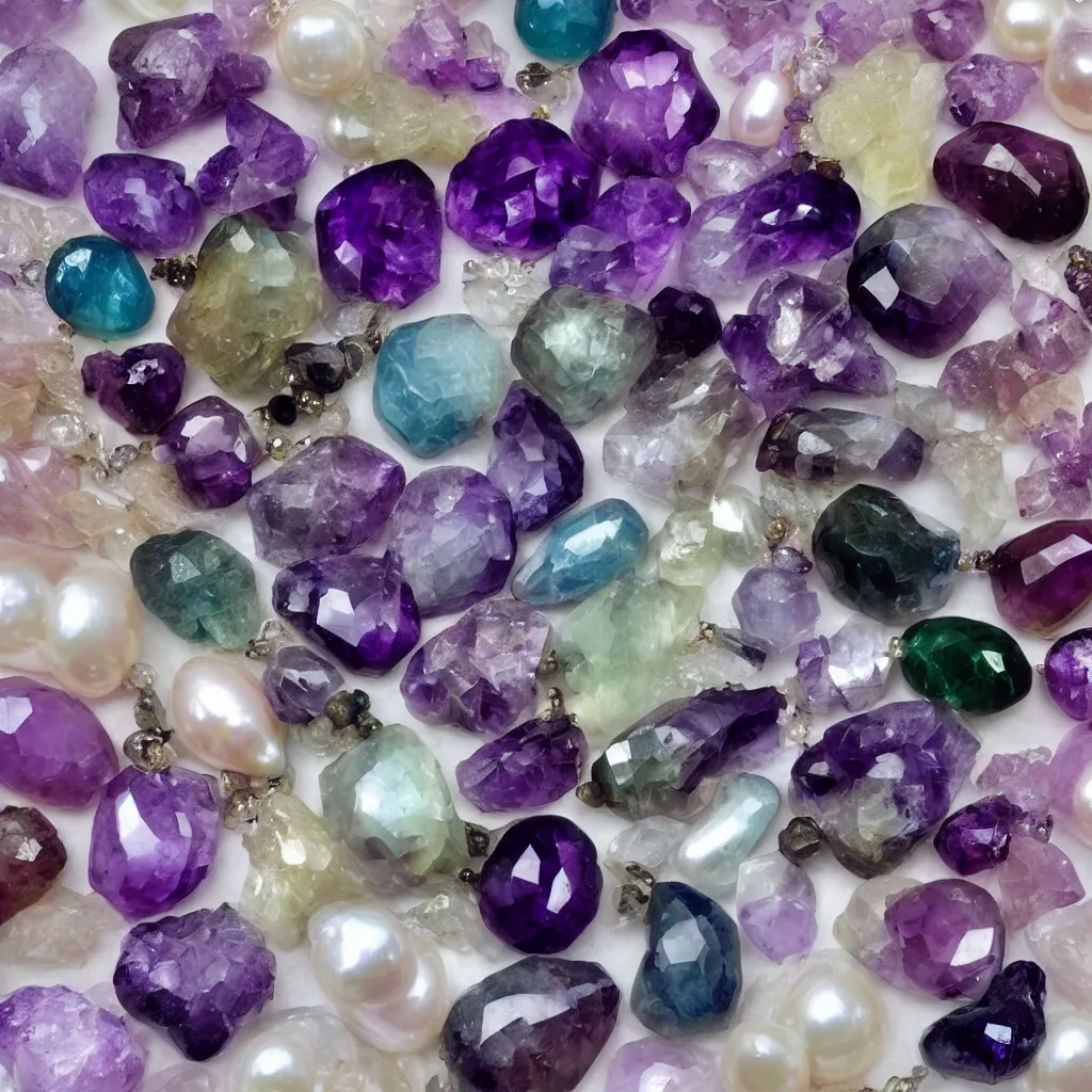 Prompt: amethyst multicolor prism gemstone emeraud pearl quartz saphir grenat fluorite