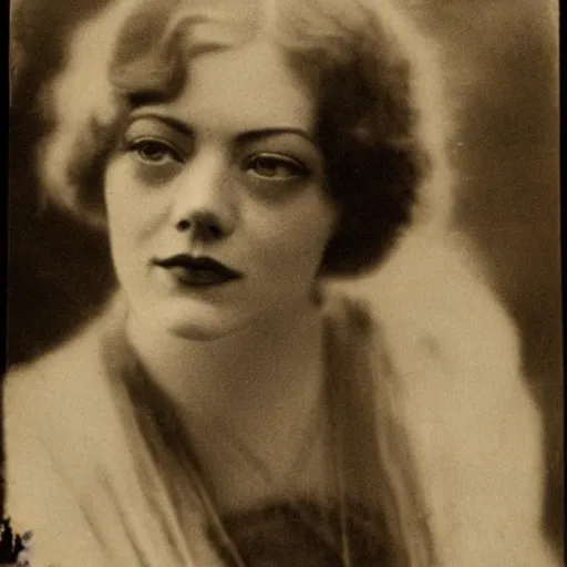 Image similar to headshot photograph of emma stone, edwardian, 1 9 2 0 s film actress, realistic face, ethereal, 1 9 1 0 s, grainy, victorian, soft blur