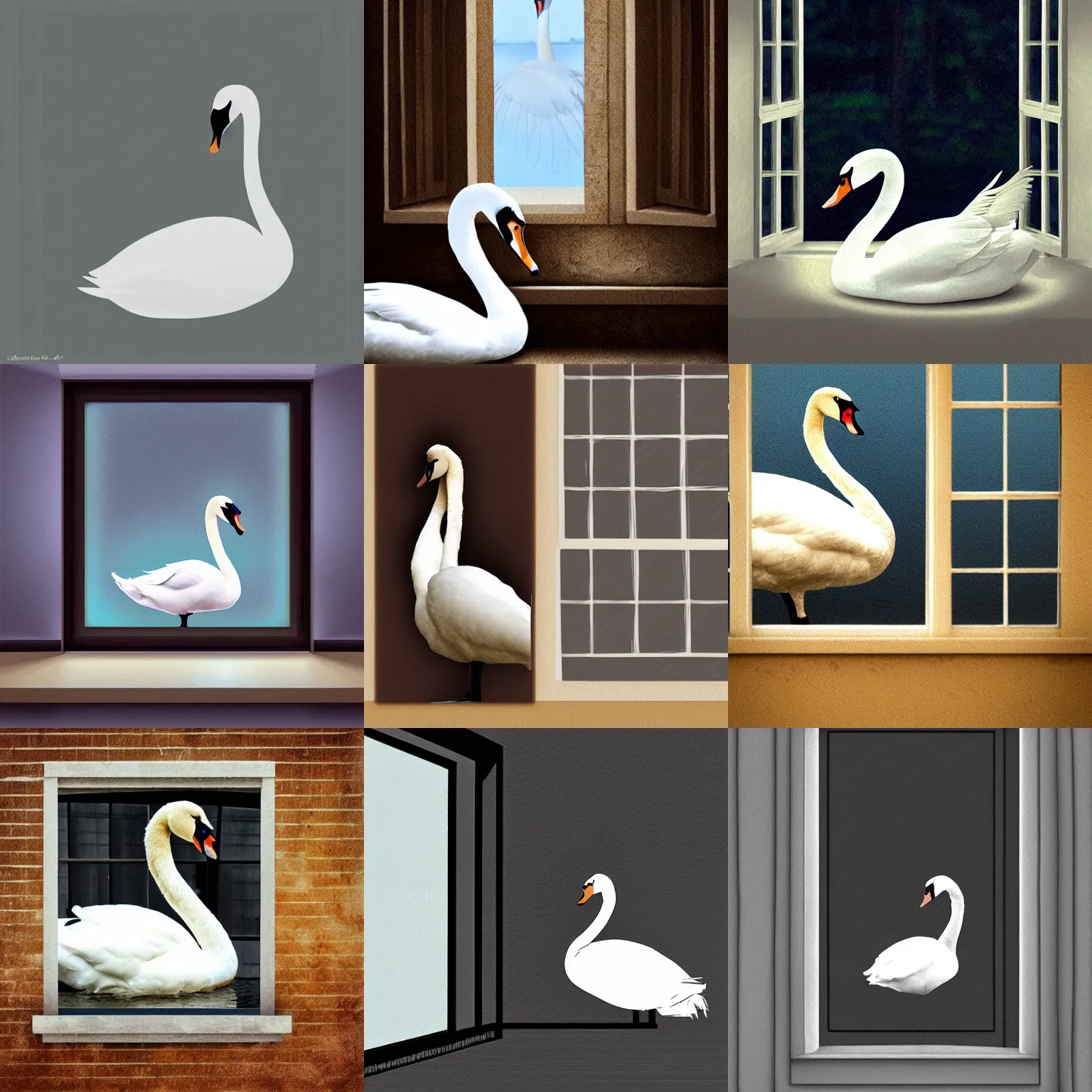 Prompt: a swan staring at a window, digital art