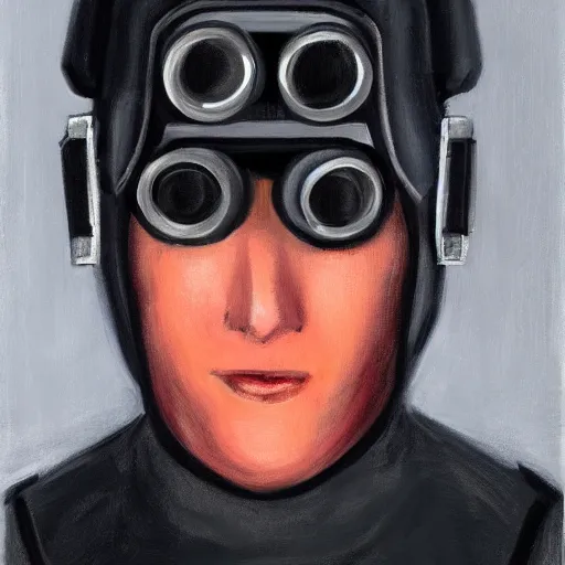 Prompt: portrait painting of a futuristic soldier with advanced night vision goggles, black outfit