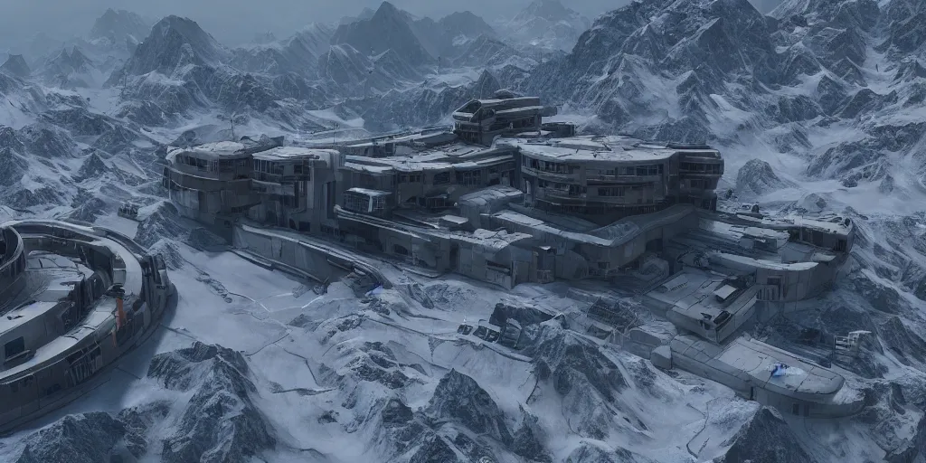 Prompt: a cyberpunk army base built on top of a high snow mountain in the alps, concrete, brutalism, rendered in octane, unreal engine 5, trending on artstation, 8 k