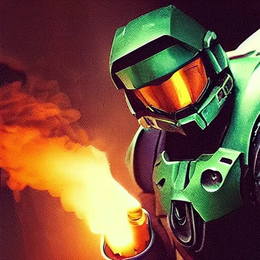 Image similar to “ master chief from the game hall smoking a bong filled with weed and blowing out smoke. ”