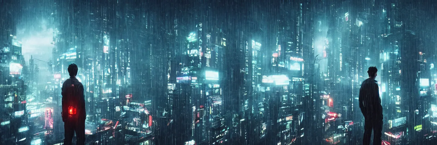Prompt: shot of the man standing on the roof during rain, looks at impressive cyberpunk city at night during great storm, nightscape, futuristic architecture, realistic photo, neons, blade runner, akira style, cinematic lighting, cinematic angles