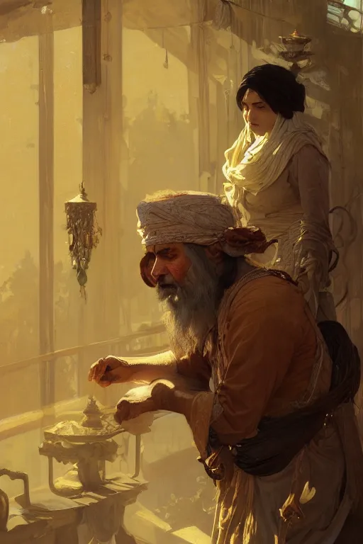 Image similar to A full portrait of an ancient Persian traveling merchant intricate, elegant, highly detailed, digital painting, artstation, concept art, smooth, sharp focus, illustration, art by Krenz Cushart and Artem Demura and alphonse mucha