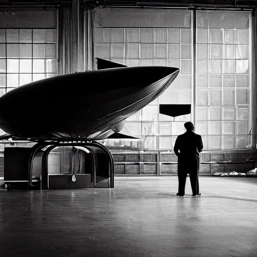 Prompt: scientist studying a sleek black simplistic oval spacecraft in a warehouse, 1 9 2 0's sci - fi, black and white, 8 k, highly ornate intricate details, extreme detail,