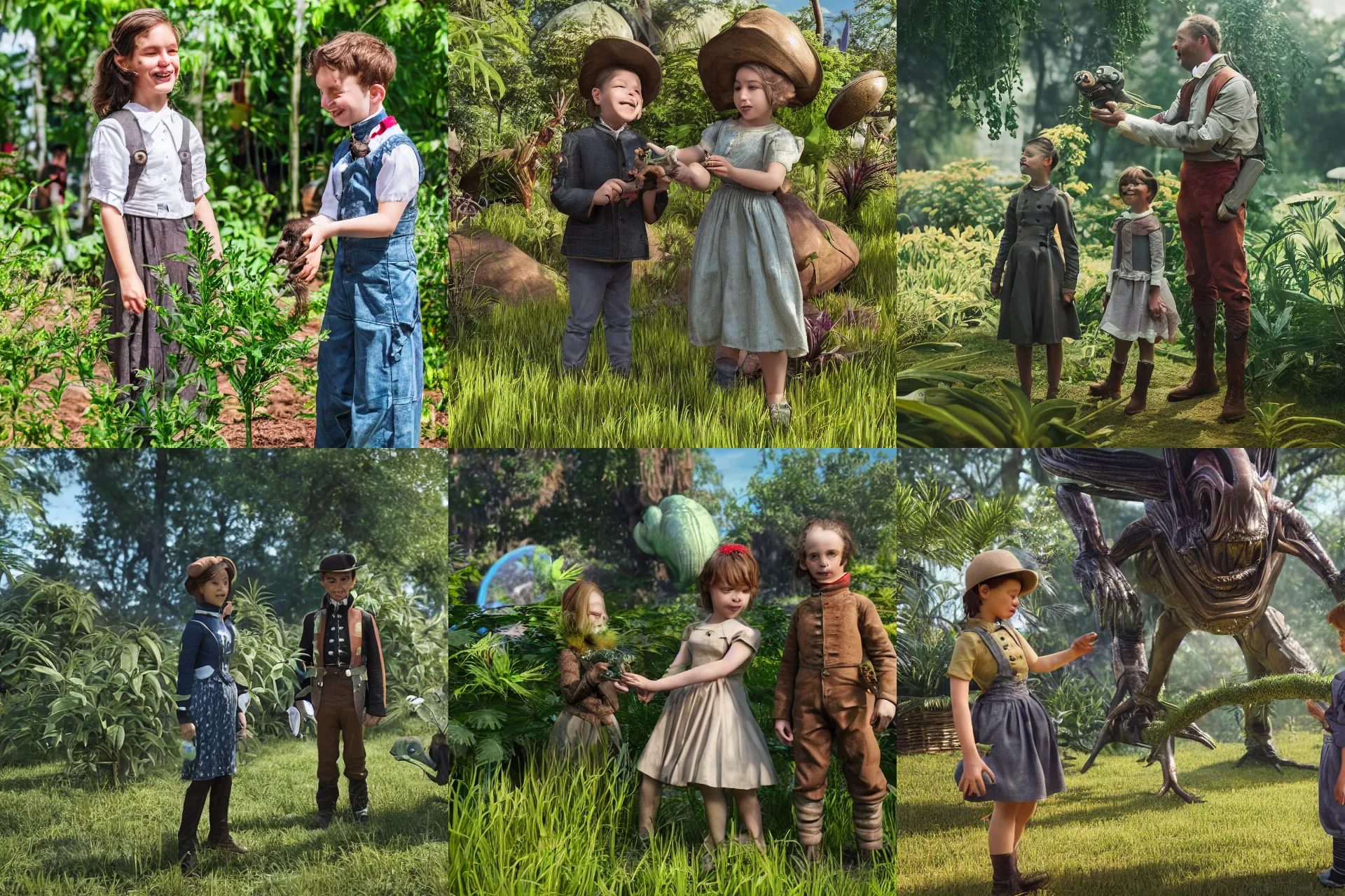 Prompt: a girl and a boy standing next to some alien plants, looking happy, wearing civil war era clothes, they are playing with their small pet alien creature, in a park on a alien planet, extremely high details, ultra realistic facial details, hyper realistic, ultra detailed, ultra photorealistic raytracing, octane, 8k