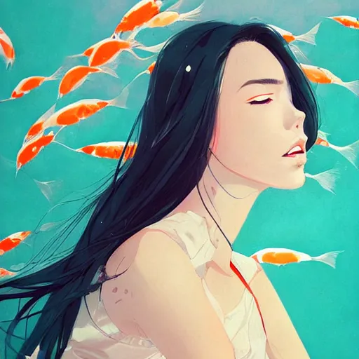 Image similar to a ultradetailed beautiful portrait panting of a stylish woman surrounded by floating koi fish, by conrad roset, greg rutkowski and makoto shinkai, trending on artstation