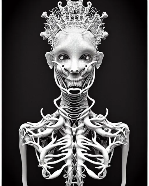 Image similar to a black and white high quality old photo of a young beautiful female queen-dragon-cyborg bust with a very long neck and Mandelbrot fractal face, Mandelbrot fractal skin, flesh, anatomical, facial muscles, veins, arteries, elegant, highly detailed, flesh highly baroque ornate, hair are wired cables, elegant, high fashion, rim light, octane render, in the style of H.R. Giger and Louis Daguerre, Realistic, tintype, Refined, Digital Art, Highly Detailed, Cinematic Lighting, rim light, black and white, photo-realistic, 8K