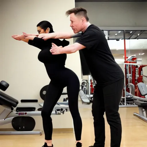 Image similar to elon musk and kim kardashian stretching at a gym