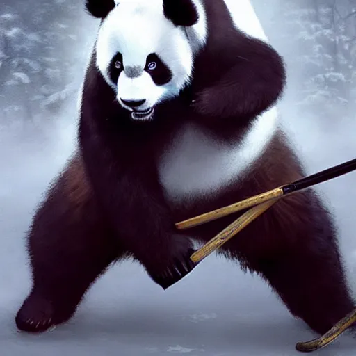 Image similar to panda wearing hockey uniform, intricate, sharp focus, illustration, highly detailed, digital painting, concept art, matte, art by ruan jia and wlop and greg rutkowski, masterpiece