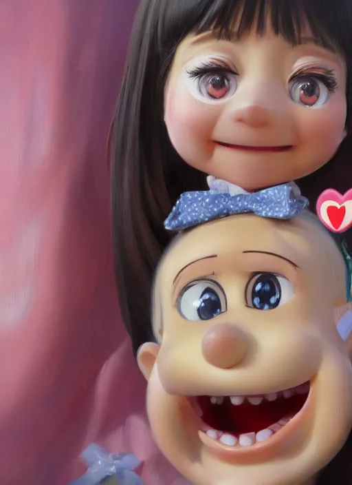 Prompt: a hyperrealistic oil panting of a kawaii anime girl figurine caricature with a big dumb grin featured on Wallace and Gromit by Vladimir Volegov