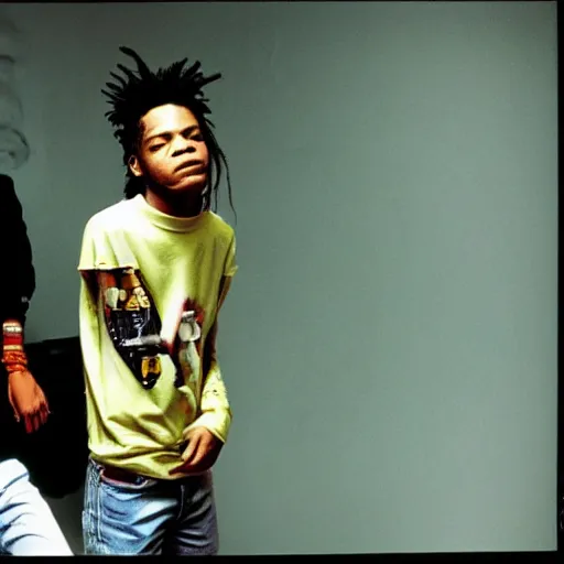 Image similar to basquiat with kurt cobain photographed by annie leibovitz in a hi end photo studio, color, photorealistic