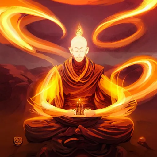 Prompt: monk with firepowers in the desert, creating a yin and yang symbol behind him with his fire powers while meditating, peter mohrbacher artstyle, legends of runeterra artstyle