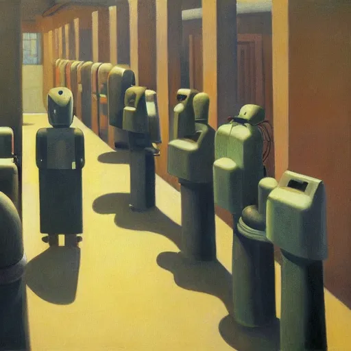 Image similar to robots queue up for eye scanner, grant wood, pj crook, edward hopper, oil on canvas