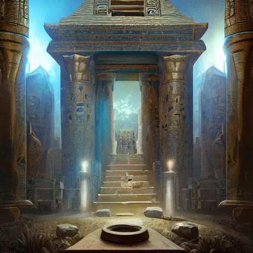 Image similar to fantasy movie scene greg rutkowski digital painting of an ornate and royal egyptian antechamber tomb with a close - up of an old twisted wooden staff weapon with a blue crystal at it's tip laying on a stone altar, unreal engine, hyper realism, realistic shading, cinematic composition, blender render, octane render, hdr, detailed textures, photorealistic, 3 5 mm film