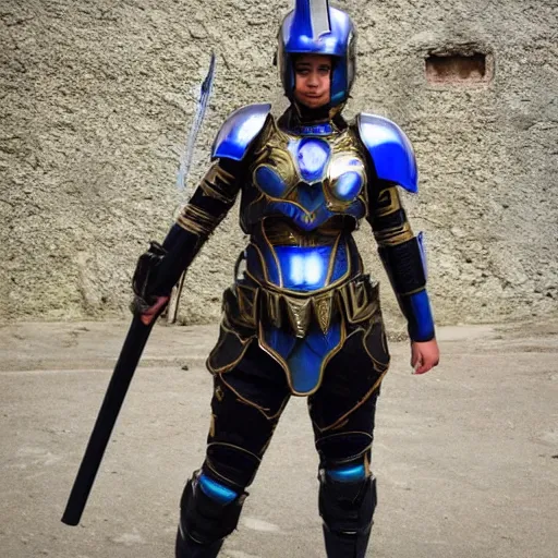 Image similar to photo of a female warrior with galaxy colored armour and weapons