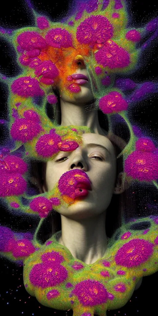 Prompt: hyper detailed 3d render like a Oil painting - portrait of Aurora (Singer) seen Eating of the Strangling network of yellowcake aerochrome and milky Fruit and Her delicate Hands hold of gossamer polyp blossoms bring iridescent fungal flowers whose spores black the foolish stars by Jacek Yerka, Mariusz Lewandowski, Houdini algorithmic generative render, Abstract brush strokes, Masterpiece, Edward Hopper and James Gilleard, Zdzislaw Beksinski, Mark Ryden, Wolfgang Lettl, hints of Yayoi Kasuma, octane render, 8k