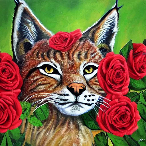 Prompt: lynx wearing a crown!! made out of roses, crown!!! of roses, an expressive oil painting, high quality art,