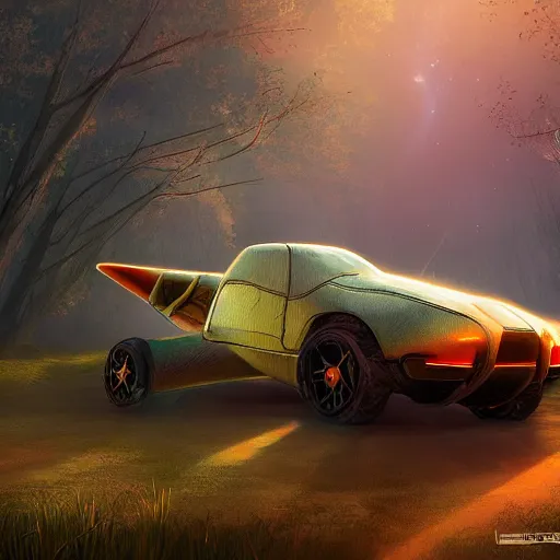 Image similar to flying car in futuristic spiritual mystical post apocalyptic forest by ron gilbert, dim painterly volumetric aquatic sunset lighting, beautiful, crisp, artstation, highly detailed